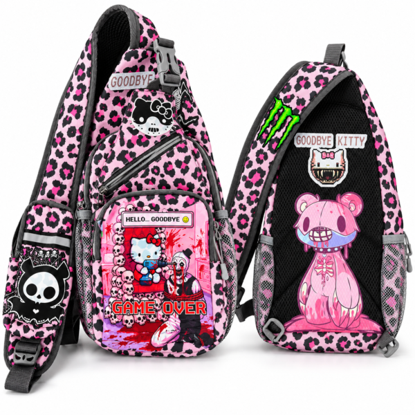 Goodbye Kitty Pink Leopard Gothic Sling Backpack – Kawaii Horror Punk Crossbody Bag