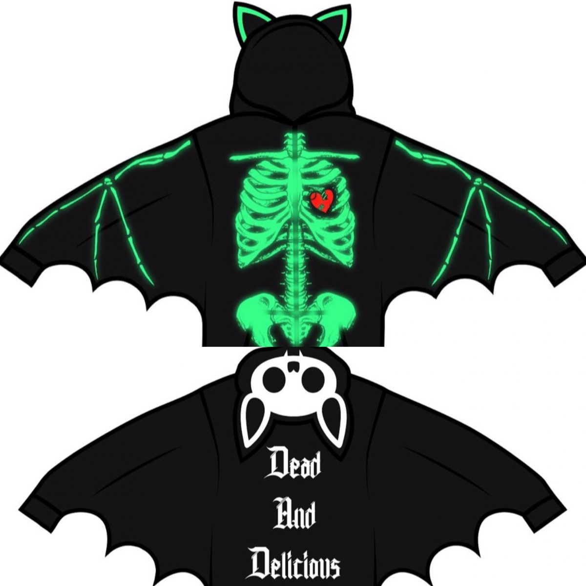 Dead And Delicious Bat Wing Glow In The Dark Ribcage Hoodie With Bat Ears! 2.0 (FREE GIFT INCLUDED) - thedarkarts