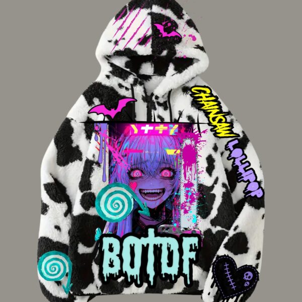 Chainsaw Lollipop Cozy Plush Zip Up Cow Print Hoodie (FREE EPIDEMIC ALBUM INCLUDED)