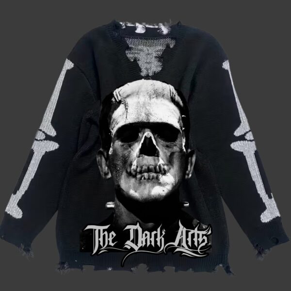 Dark Arts - Vintage Halloween V Neck Skull Sweater With Freyed Tassles
