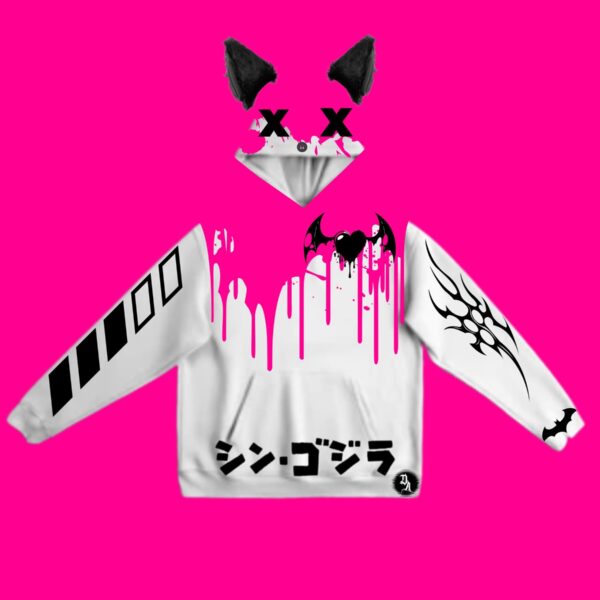 Neo Kawaii Fur Ear Oversized White Pull Over Hoodie
