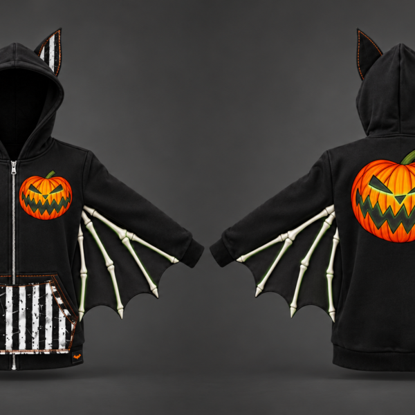 Pumpkin Bat Skeleton Wing Hoodie (Limited Halloween Edition • Built-In Wings + Bat-Ear Hood)